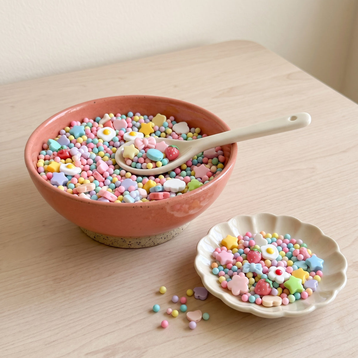 Coral bowl full of tiny lucky charms with a scoop and a plate