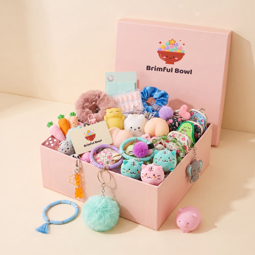 Pink gift box filled to the brim with three scoops of cute surprises