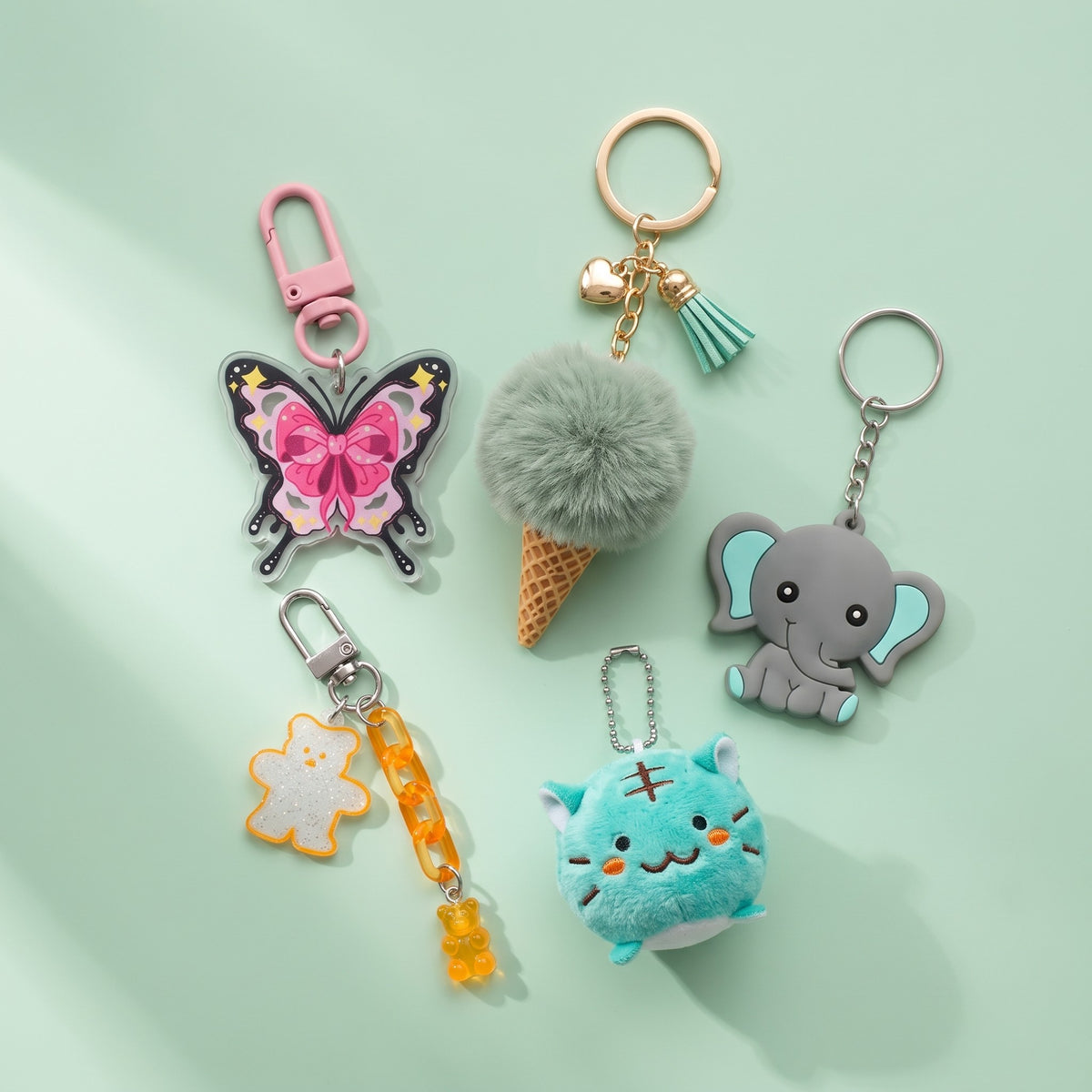 Bag charms and keychains: butterfly, ice cream, elephant, gummy bear and plush cat