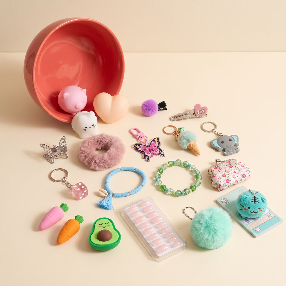 One scoop of around 20 cute surprises tipped out on a table